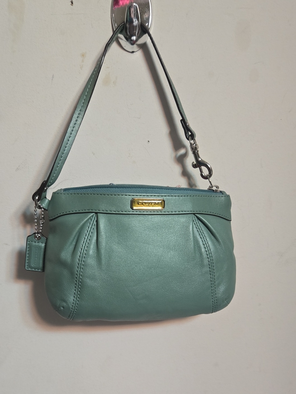Coach Teal Leather Wristlet Clutch with Gold Plaque